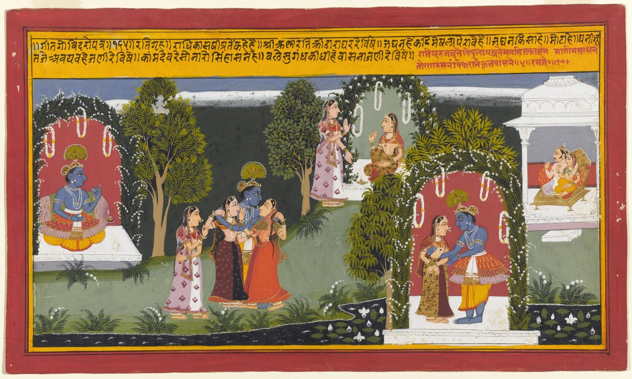 काम और रति गवाह कृष्ण और राधा का पुनर्मिलन, पृष्ठ एक गीता गोविंदा श्रृंखला, 1714 (कागज पर अपारदर्शी wc और सोना) से द्वारा इंडियन स्कूल