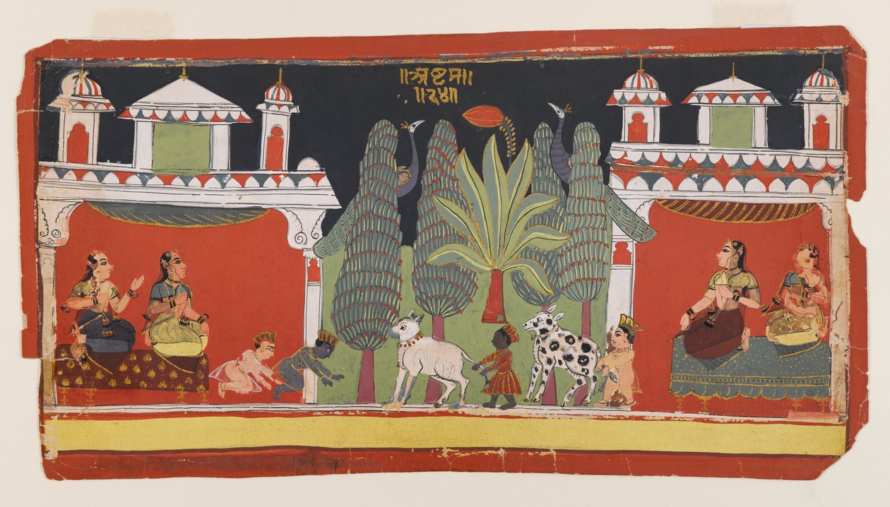 कृष्ण और बलराम बच्चों के रूप में, c.1690 (कागज पर अपारदर्शी wc और सोना) द्वारा इंडियन स्कूल