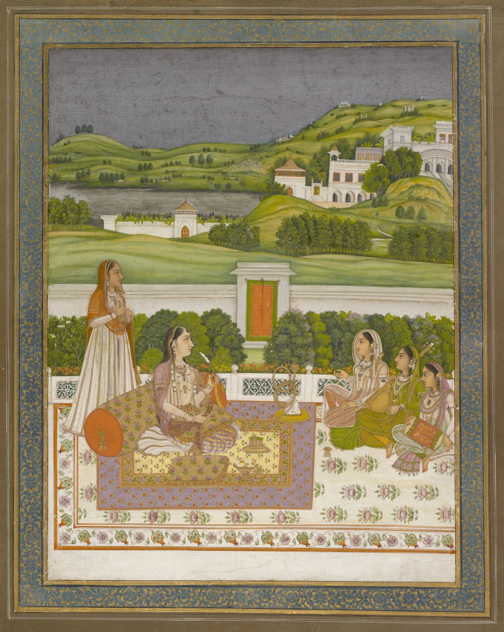 राजकुमारी संगीत सुनना, 1775-80 (कागज पर सोने और चांदी के साथ गौचे) द्वारा इंडियन स्कूल