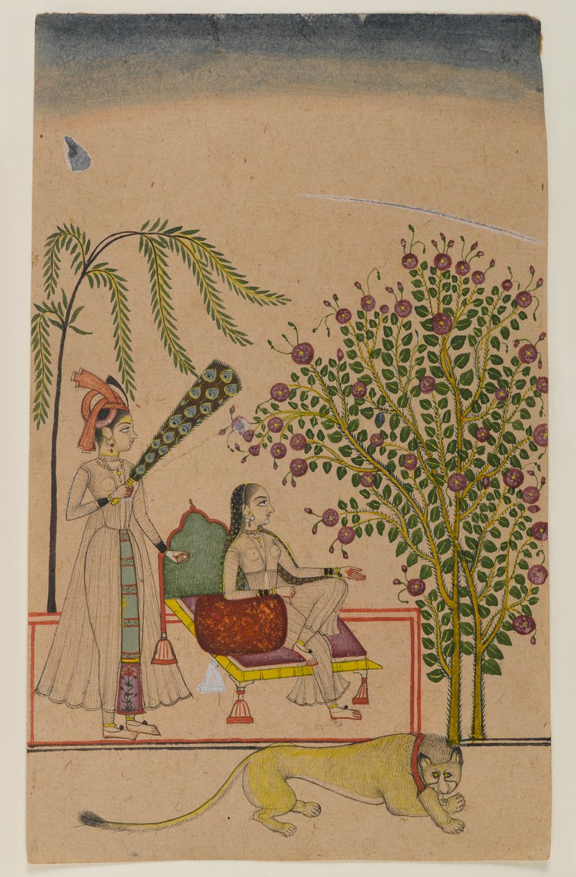अटेंडेंट और शेर के साथ बैठा राजकुमारी, c.1750 (कागज पर अपारदर्शी wc) द्वारा इंडियन स्कूल