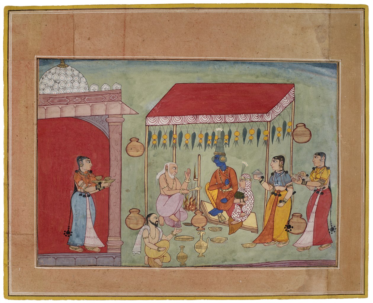 कृष्ण और रुक्मिणी की शादी, 1590-1600 (कागज पर सोने के साथ गौचे) द्वारा इंडियन स्कूल