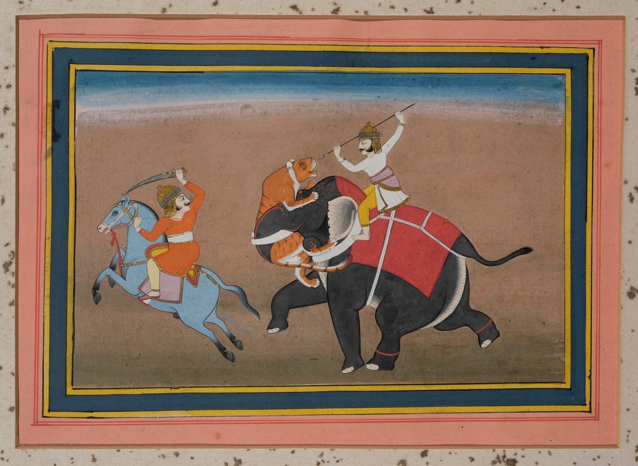 एक हाथी पर हमला करने वाला बाघ (कागज पर सोने का निशान, सोने का अलंकरण) द्वारा इंडियन स्कूल