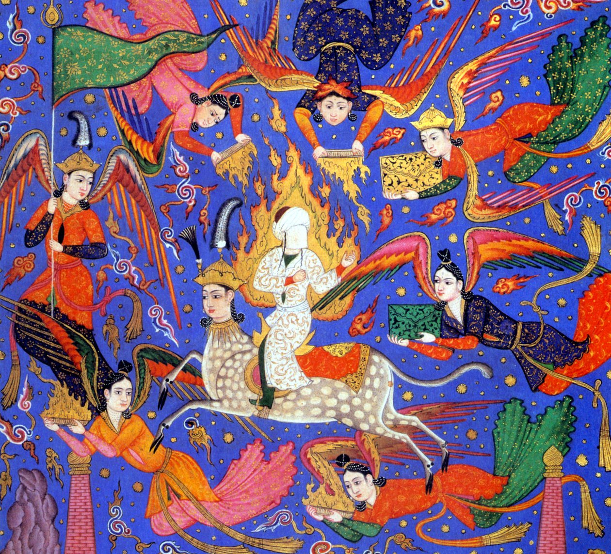 मुहम्मद की यात्रा, फाल-नाम पांडुलिपि से चित्रण, c.1610-30 द्वारा इंडियन स्कूल