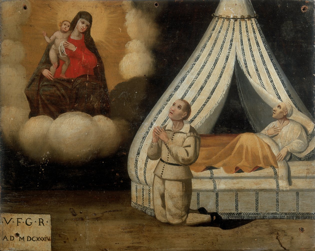 एक बीमारी के दौरान बिस्तर में एक आदमी; बाईं ओर, वही व्यक्ति आर्क के मैडोना से प्रार्थना करता है कि उसे जो अनुग्रह प्राप्त हुआ है, वह पूर्व-वोटो, 1603 है द्वारा इतालवी स्कूल