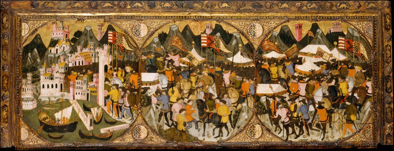 नेपल्स की विजय, 1381–82 (लकड़ी पर उभरा, उभरा हुआ और गिल्ट आभूषण) द्वारा इतालवी स्कूल