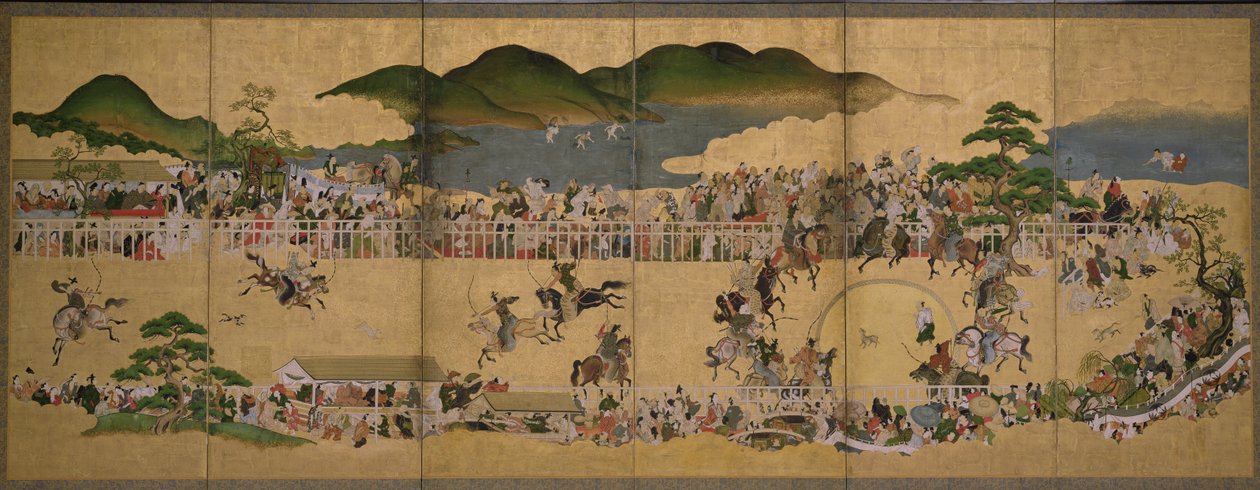 छह गुना स्क्रीन एक कुत्ते का पीछा करते हुए प्रतियोगिता, जापानी, 1624-43 (कागज पर स्याही, पेंट और सोना) द्वारा जापानी स्कूल