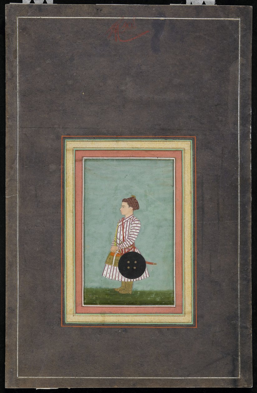 पेंटिंग के साथ युवा राजकुमार, एल्बम फोलियो, c.1650-1660 (कागज पर अपारदर्शी जल रंग और सोना) द्वारा मुगल स्कूल