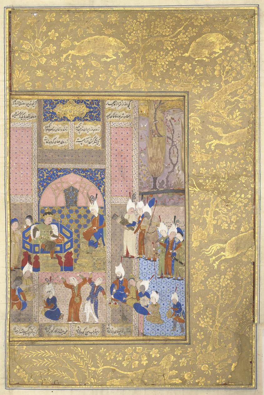 चीन के सम्राट के साथ अलेक्जेंडर दावत, c.1525-50 (स्याही, वेल्लम पर wc और सोना) द्वारा फारसी स्कूल