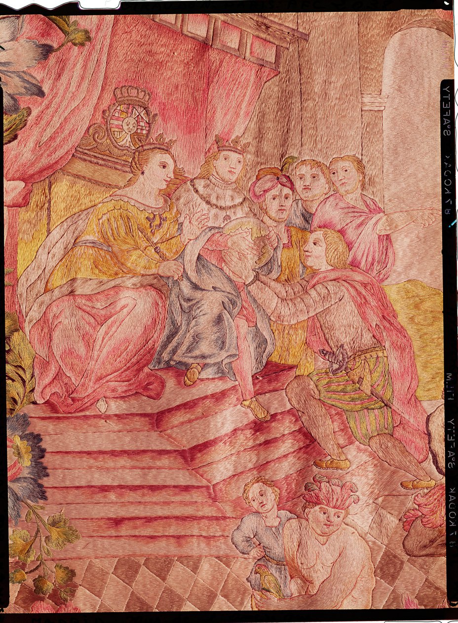 क्रिस्टोफर कोलंबस (1450-1506) अमेरिका की खोज (रेशम की कढ़ाई) से लौटने पर आरागॉन के फर्डिनेंड द्वितीय (1452-1516) से पहले द्वारा स्पेनिश स्कूल