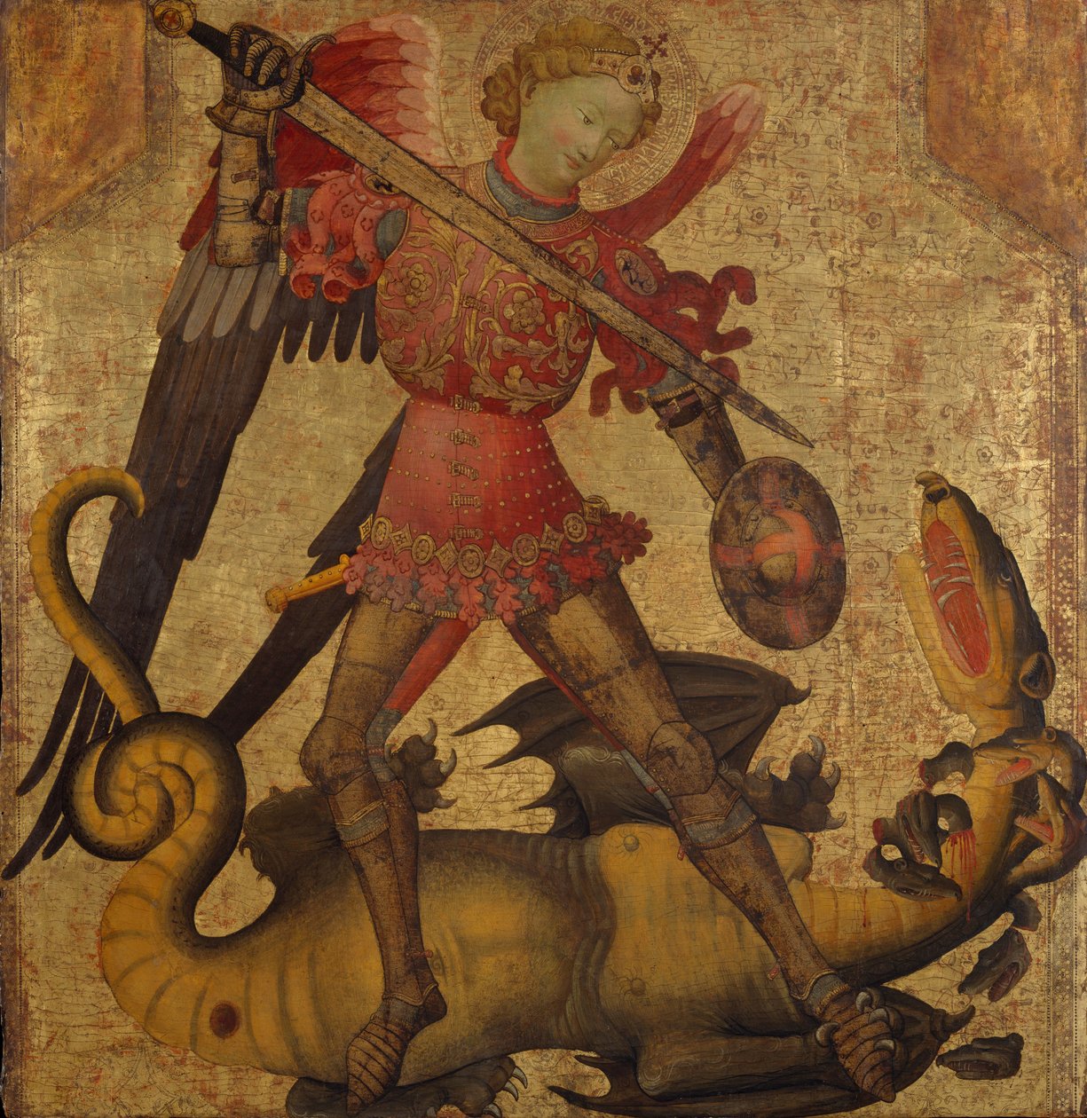 सेंट माइकल और ड्रैगन, c.1405 (लकड़ी, सोने के मैदान पर तापमान) द्वारा स्पेनिश स्कूल
