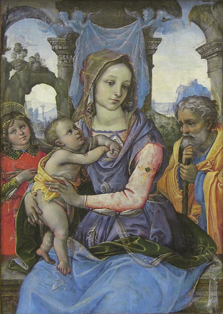 मैडोना एंड चाइल्ड विथ सेंट जोसेफ एंड ए एंजल, c.1490 (टेम्पर ऑन कैनवास, वुड्स से ट्रांसफर) द्वारा 1476 1524 कपोनी