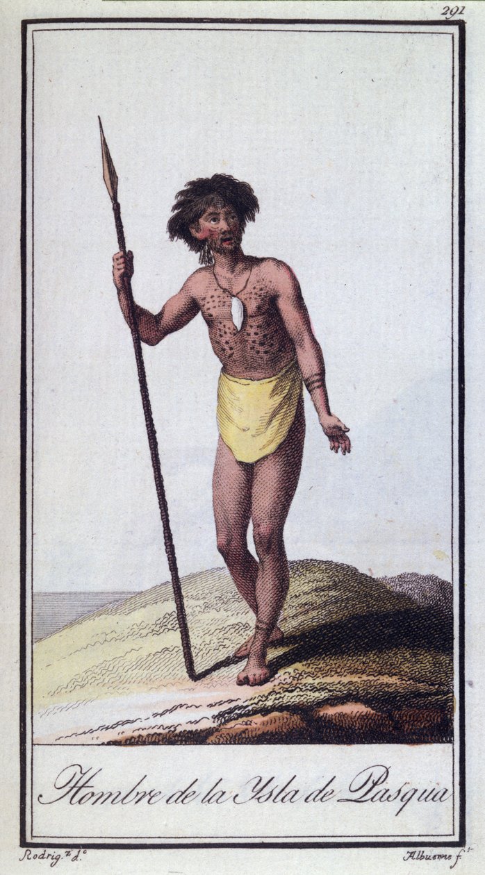 ईस्टर द्वीप का एक आदमी, अल्बुर्ने द्वारा उत्कीर्ण, 1799 रंगीन उत्कीर्णन द्वारा उ। रोड्रिगेज