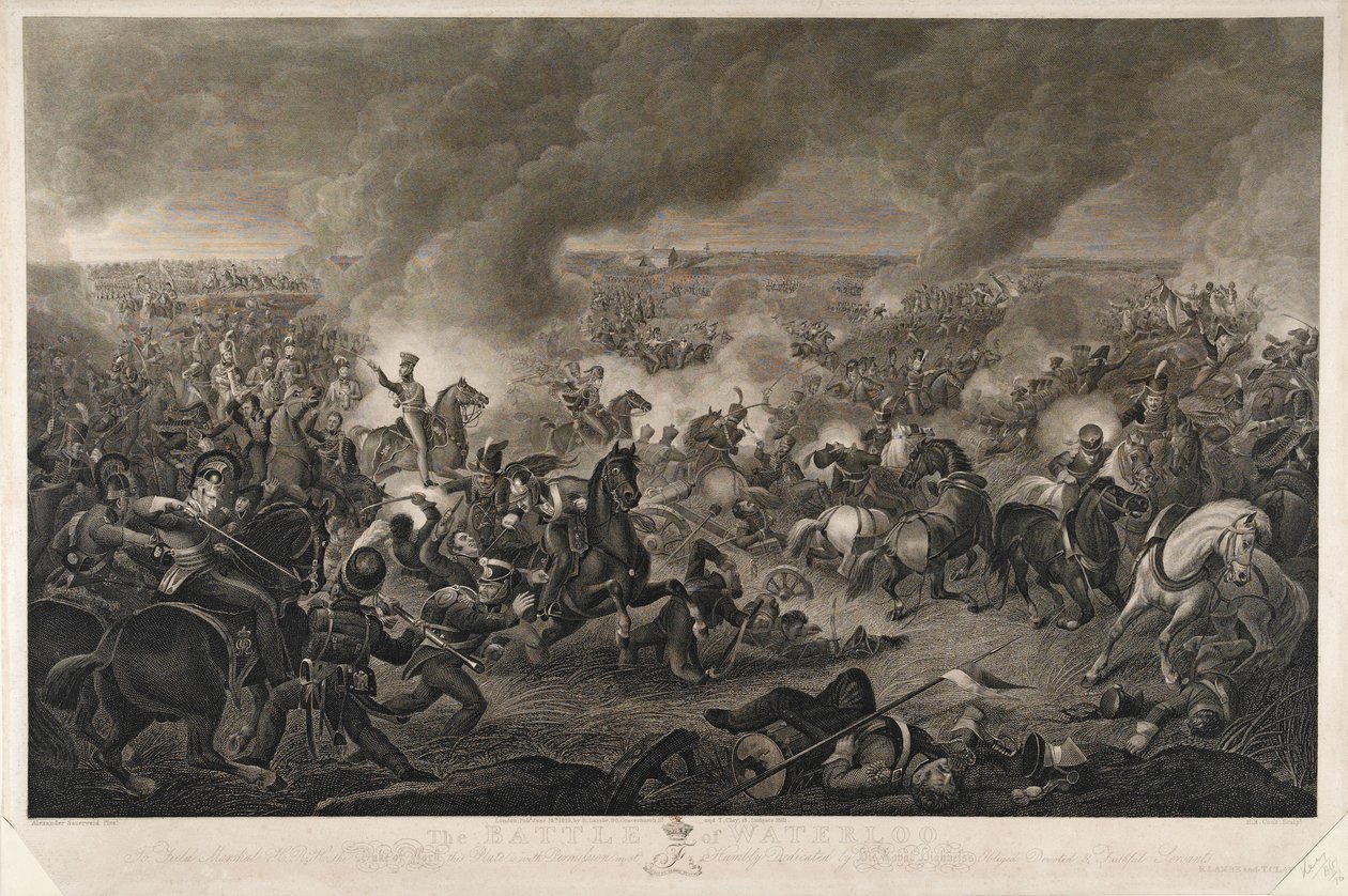 अवधि दिन के करीब की ओर है ..., वाटरलू की लड़ाई, 18 जून 1815, एच। कुक द्वारा उत्कीर्ण, टी। क्ले और आर। लाम्बे द्वारा प्रकाशित, जून 1819 उत्कीर्णन द्वारा ए। सॉवरेल्ड