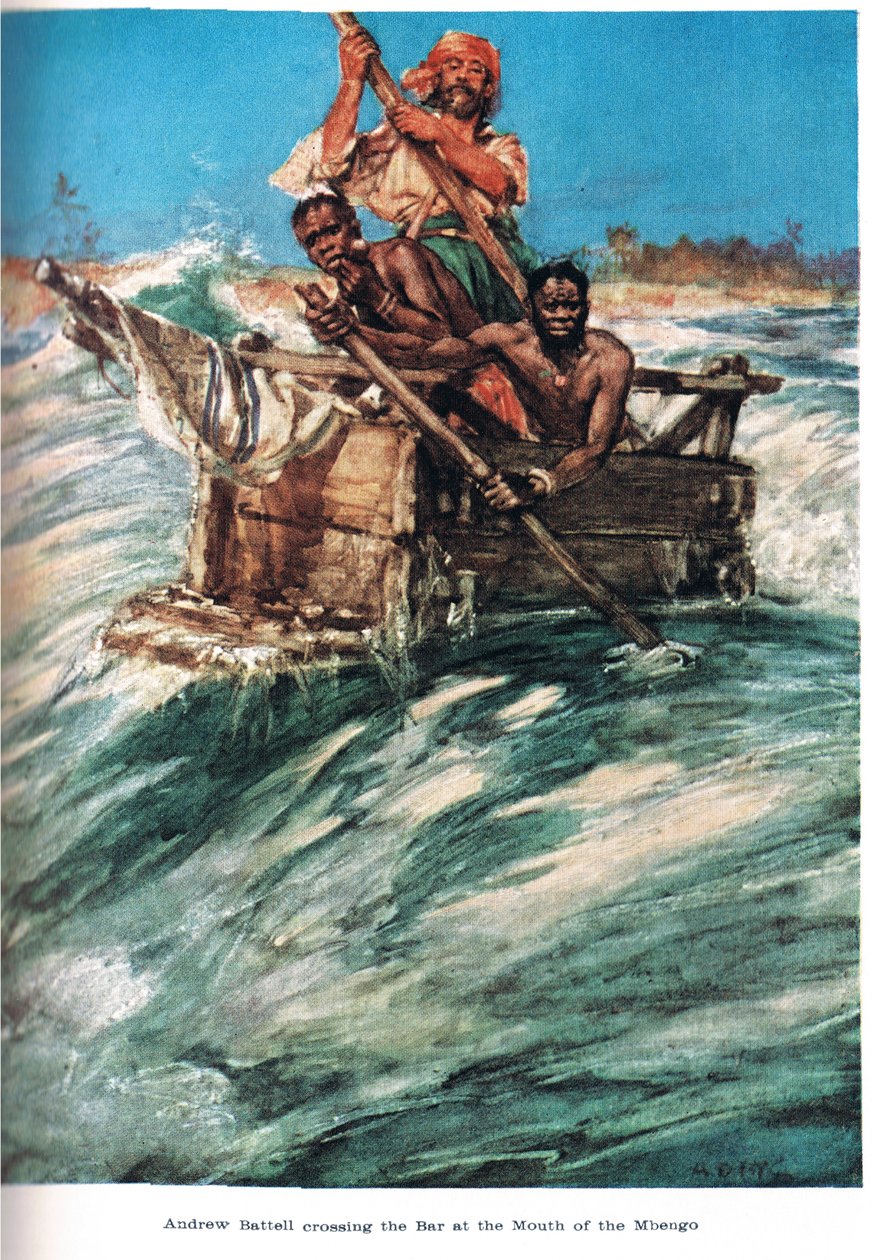 1921 में जैक द्वारा प्रकाशित &39;द लैंड ऑफ़ द गोल्डन ट्रेड&39; के चित्रण, बटेंगू के मुख पर बैटल आता है द्वारा ई। मैकक्लिंटॉक