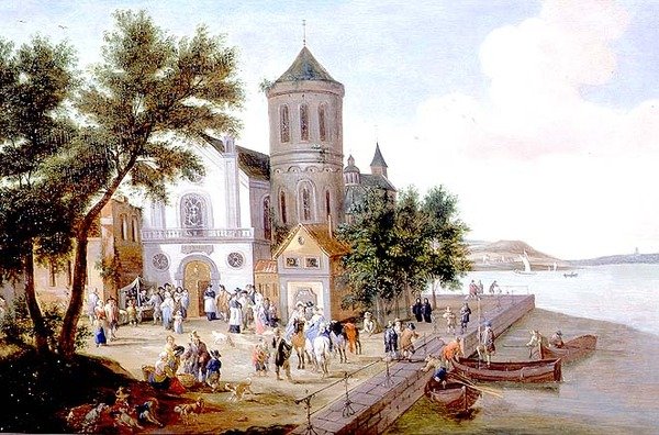 चर्च स्क्वायर में आकृतियों के साथ तटीय परिदृश्य द्वारा वायुसेना और मुकाबलों पी. बौडविन्स