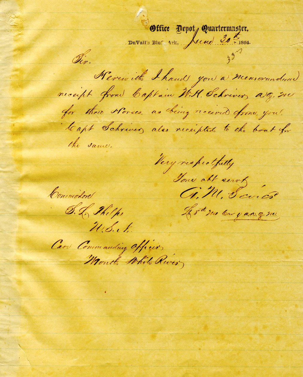 30 जून, 1864 को व्हाइट रिवर के मुहाने सेठ लेडयार्ड फेल्प्स को एएम सेवियर, डुवैल्स ब्लफ, अर्कांसस का पत्र द्वारा एएम सेवियर