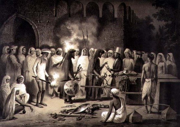 दिल्ली में हथियार ख़रीदना, 'भारत में यात्रा' से प्लेट 34, लुई हेनरी डी रुडर (1807-81) पब द्वारा उकेरा गया। पेरिस में द्वारा ए। (बाद) सोल्टीकोफ