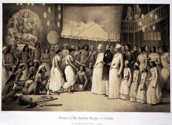 लुई हेनरी डी रुडर (1807-81) पब द्वारा उकेरी गई 'वॉयज इन इंडिया' से कलकत्ता में देवी दुर्गा का उत्सव। लंदन में द्वारा ए। (बाद) सोल्टीकोफ
