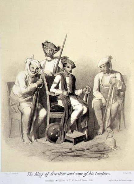 ग्वालियर के राजा और उनके कुछ दरबारियों, 'भारत में यात्रा' से, जूल्स ट्रेयर (1824-1901) पब द्वारा उकेरा गया। लंदन में द्वारा ए। (बाद) सोल्टीकोफ