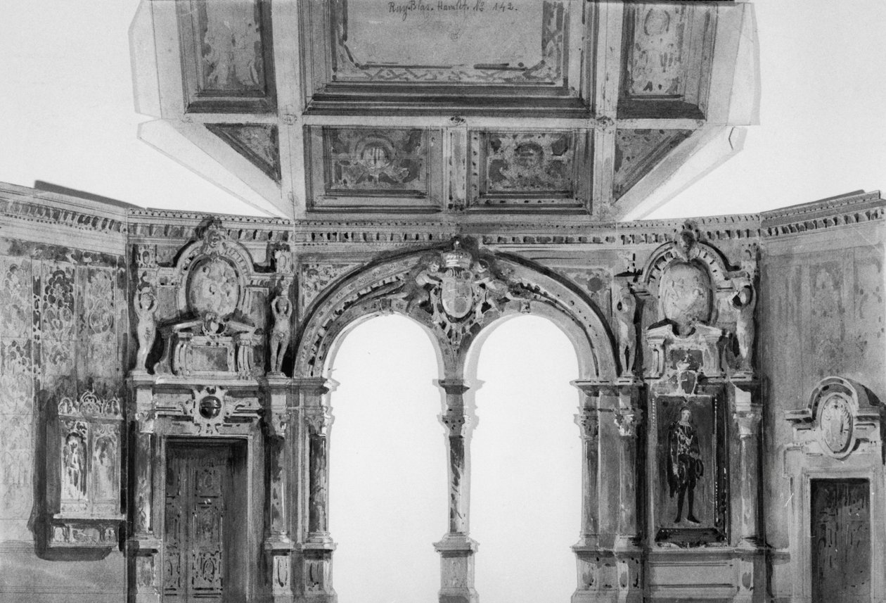 विक्टर ह्यूगो (1802-85) द्वारा रूय ब्लास (1838) के लिए सेट डिजाइन, 1879 में कॉमेडी फ्रेंकी को पुनर्जीवित करना द्वारा उ। देवकृत