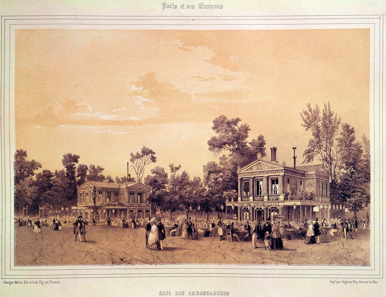 ए प्रोवोस्ट (1834-1855 के आसपास सक्रिय) पेरिस, मुसी कार्नावलेट की पेरिस लिथोग्राफी में चैंप्स एलिसीज़ पर कैफे डेस एम्बेसेडर्स का दृश्य द्वारा एक प्रोवोस्ट