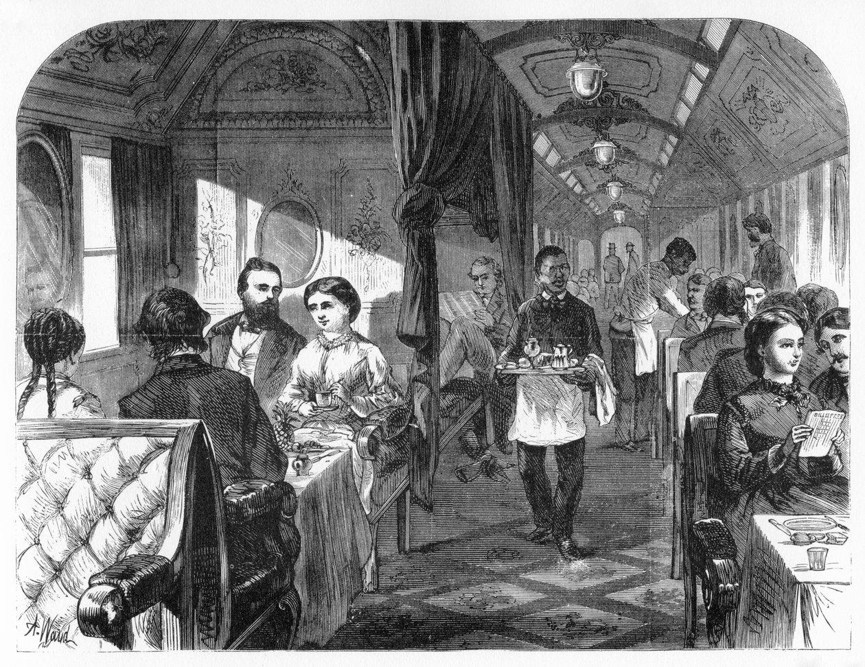 पैलेस होटल कार, यूनियन पैसिफिक रेलमार्ग, c1870। द्वारा एआर वार्ड