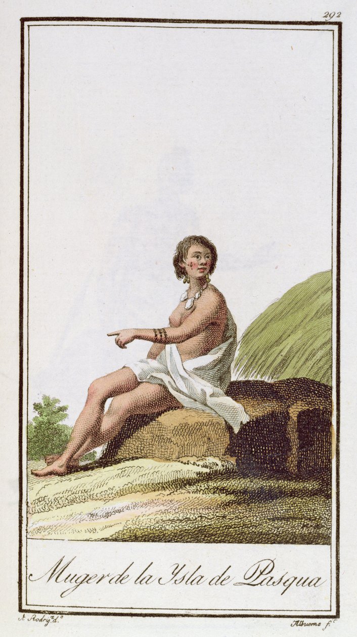 एक महिला ईस्टर द्वीप से, 1799 में अल्बुर्न द्वारा उकेरी गई द्वारा उ। रोड्रिगेज