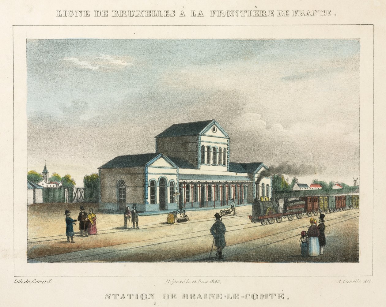 1843 में गेरार्ड द्वारा उकेरा गया Braine-le-Comte Station द्वारा ए कैनेल के बाद