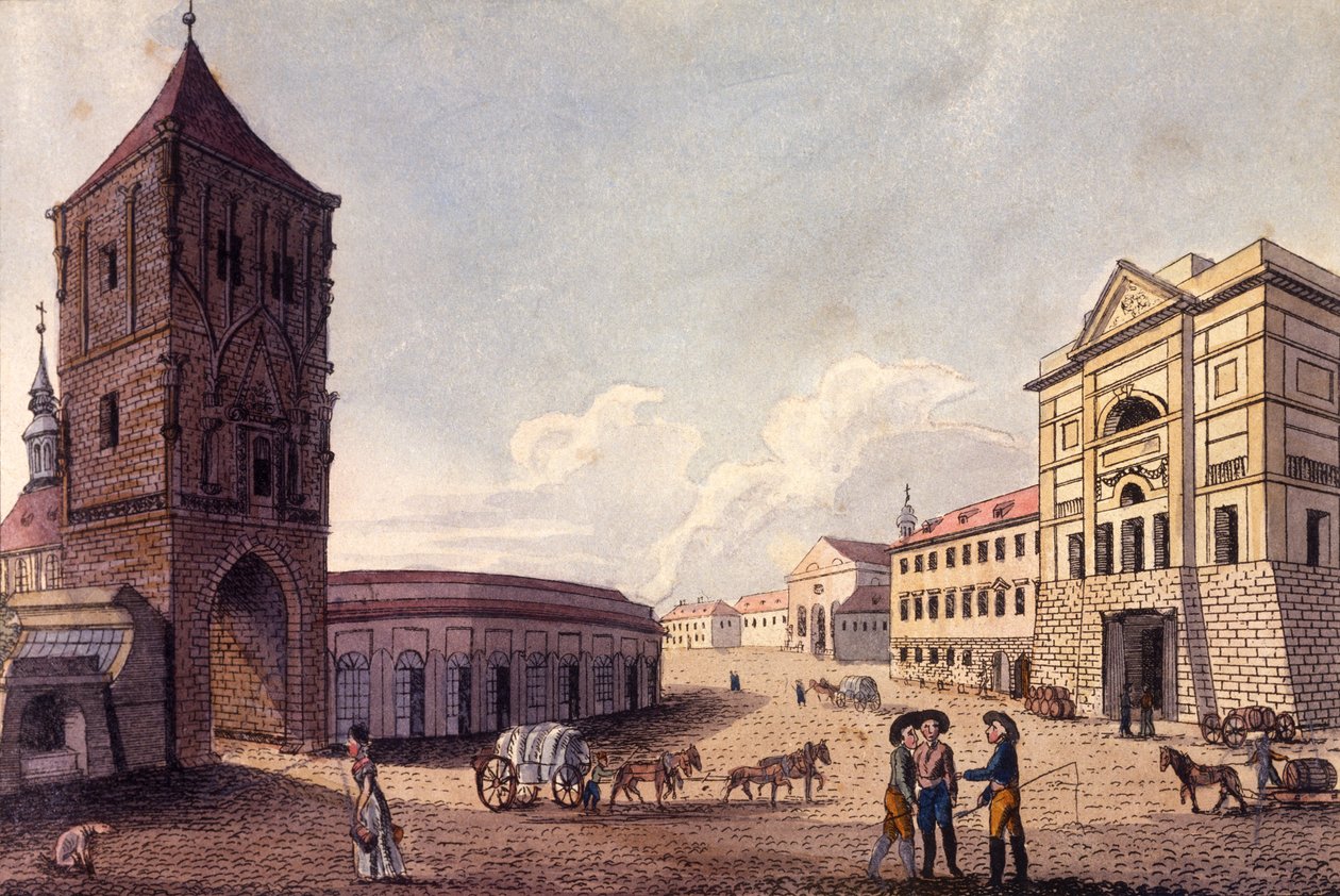 पाउडर टॉवर और Hybern सीमा शुल्क हाउस, प्राग, c.1810 (रंगीन नक़्क़ाशी) द्वारा ए और बेरका, जोहान गुस्ताव