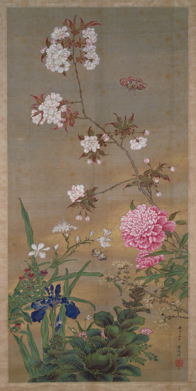 पेओनी, आईरिस, चेरी ब्लॉसम और एक तितली, 1828 (रेशम पर स्याही, रंग और सोना) द्वारा अबे कान तोरिन