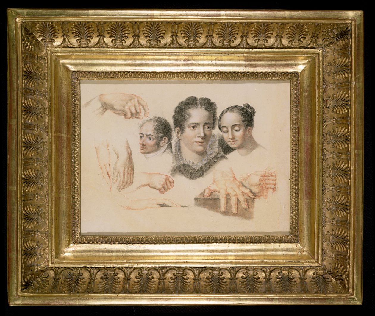 महिला और पुरुष के सिर और हाथों का अध्ययन, 1815 (कागज पर लाल और काले चाक) द्वारा अब्राहम कॉन्स्टेंटिन