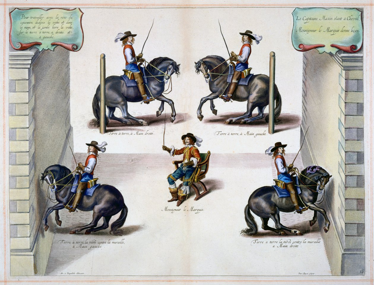 विलियम कैवेंडिश द्वारा &39;द मेथड एंड न्यू इनवेंशन ऑफ ड्रेसिंग हॉर्स&39; से कैप्टन माजिन को सबक देते हुए 1737 (दूसरा संस्करण) (एक्वाटिंट) प्रकाशित किया गया। द्वारा अब्राहम वैन डायपेनबीक