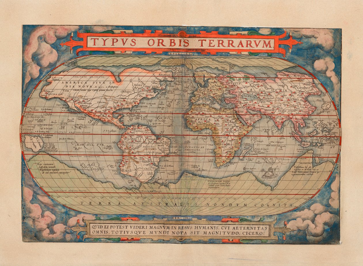 मानचित्र (1579) में प्रकाशित होता है और विश्व मानचित्र दिखाता है द्वारा अब्राहम ऑर्टेलियस