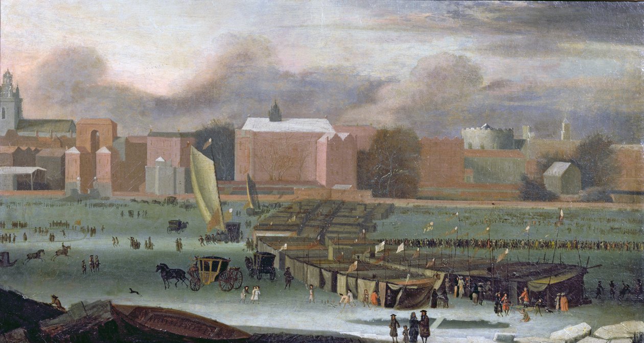 मंदिर की सीढ़ियों पर टेम्स पर एक फ्रॉस्ट मेला, c.1684 द्वारा अब्राहम डेनियलज़। Hondius