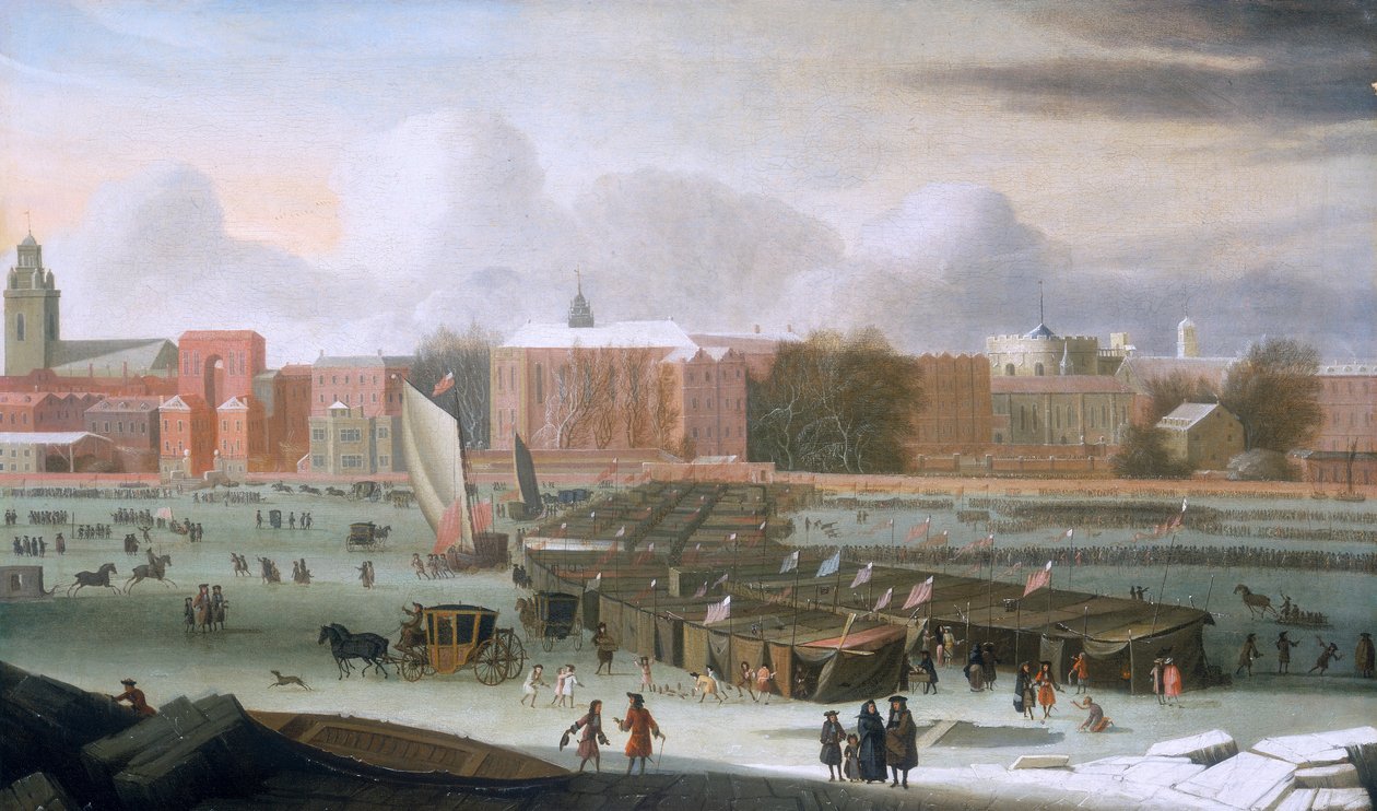 मंदिर की सीढ़ियों पर टेम्स पर एक फ्रॉस्ट मेला, c1684। द्वारा अब्राहम होंडियस