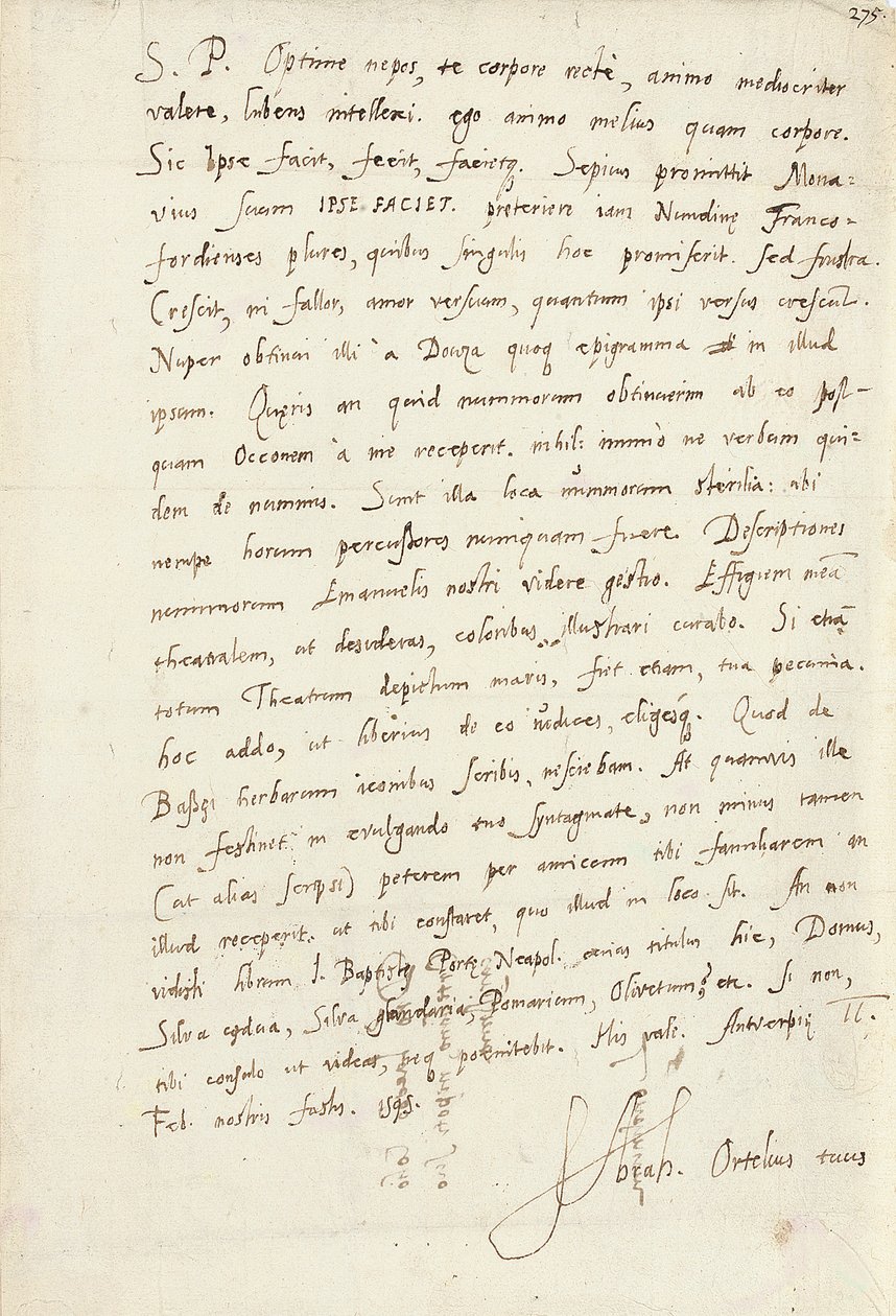 उनके भतीजे, जैकब कूल (जैकबस कोलियस), एंटवर्प, 2 फरवरी 1595 (कागज पर कलम और स्याही) पर हस्ताक्षर किए गए ऑटोग्राफ पत्र द्वारा अब्राहम ऑर्टेलियस
