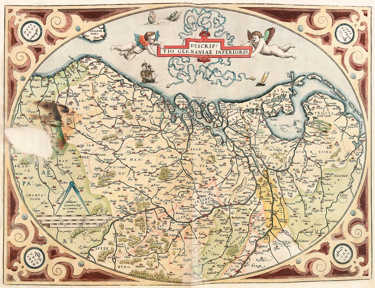 विवरण जेरार्ड मर्केटर (ओर्टेल, ऑर्टेलो या ऑर्टेल) द्वारा जर्मनिक "एटलस" से नीदरलैंड के क्षेत्र का जर्मनी निचला भूगोल मानचित्र द्वारा अब्राहम ऑर्टेलियस