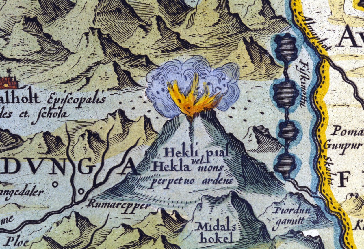 आइसलैंड में हेक्ला ज्वालामुखी। एटलस ऑफ अब्राहम ऑर्टेलियस, एम्स्टर्डम 1588। द्वारा अब्राहम ऑर्टेलियस