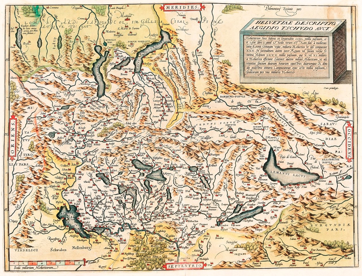 स्विट्ज़रलैंड जाइल्स त्सुडो ऐक्ट का विवरण जेरार्ड मर्केटर (ओर्टेल, ऑर्टेलो या ऑर्टेल) द्वारा "एटलस" से झीलों सहित स्विस और फ्रेंच आल्प्स का भूगोल मानचित्र द्वारा अब्राहम ऑर्टेलियस