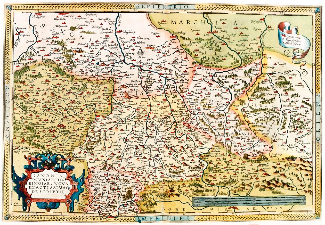 Saxony, Misniae, Thuringia, New Accurssimaque विवरण जेरार्ड मर्केटर (Oertel, Ortello या Ortel) द्वारा "एटलस" से जर्मनी में सैक्सोनी, थुरिंगिया के क्षेत्र का भूगोल मानचित्र द्वारा अब्राहम ऑर्टेलियस