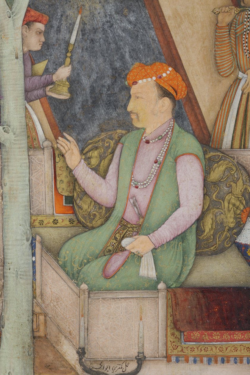 सम्राट जहांगीर से पवित्र पुरुषों के साथ एक बगीचे में विस्तार, c.1615 (कागज पर अपारदर्शी wc और सोना) द्वारा अबुल हसन