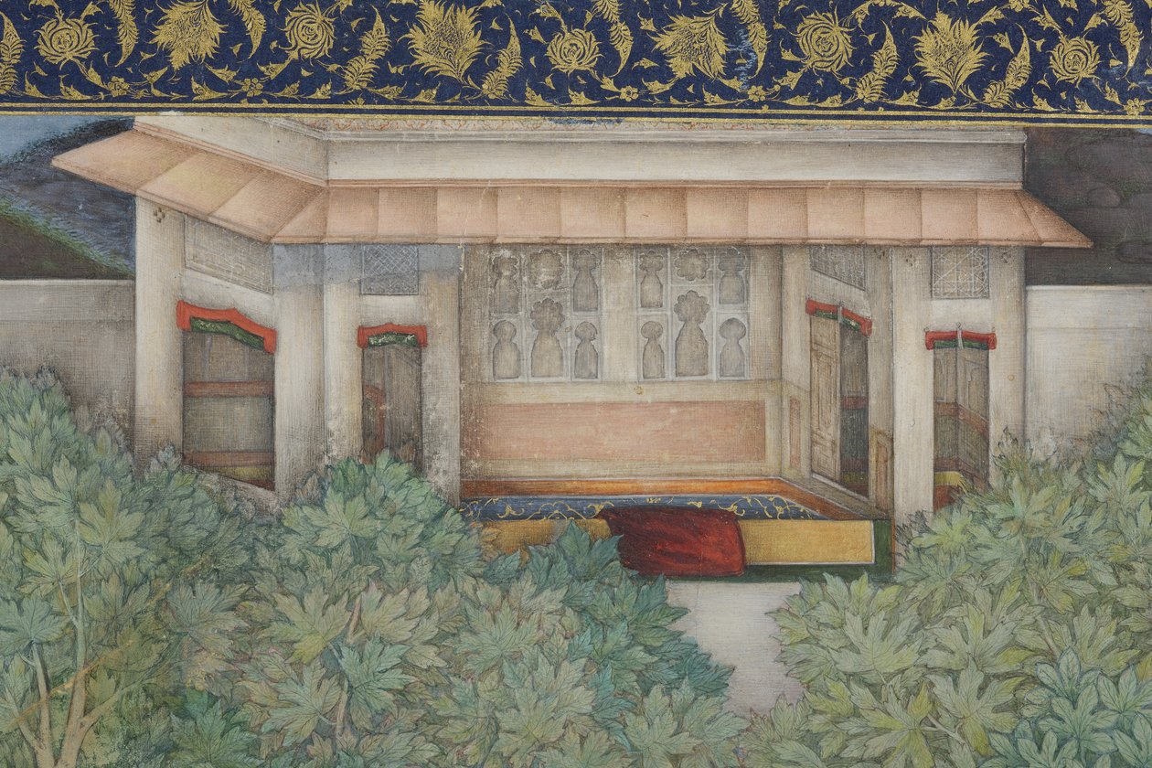 सम्राट जहांगीर से पवित्र पुरुषों के साथ एक बगीचे में विस्तार, c.1615 (कागज पर अपारदर्शी wc और सोना) द्वारा अबुल हसन