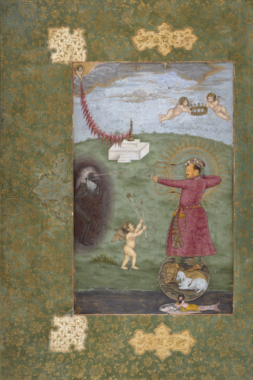 सम्राट जहाँगीर ने गरीबी पर विजय प्राप्त की, c.1620-25 (अपारदर्शी जल रंग, सोना, और पानी की कमी) द्वारा अबुल हसन