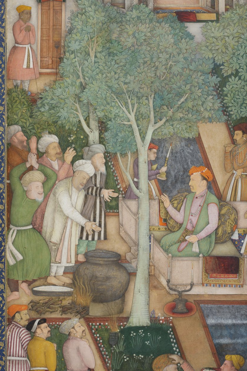 गार्डन में पवित्र पुरुषों के साथ सम्राट जहांगीर से विस्तार, c.1615 (कागज पर अपारदर्शी wc und सोना) द्वारा अबुल हसन गफ्फारी