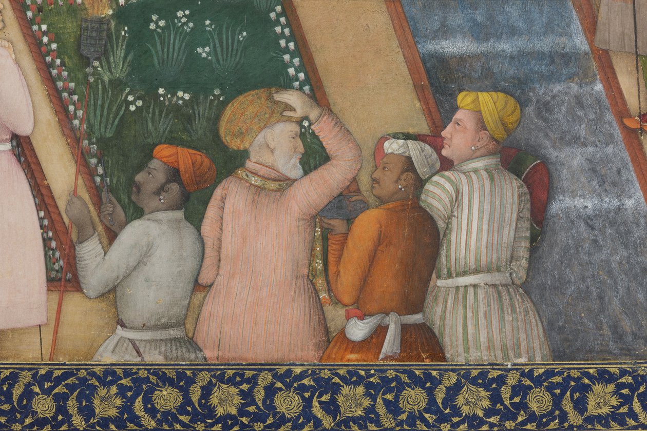 गार्डन में पवित्र पुरुषों के साथ सम्राट जहांगीर से विस्तार, c.1615 (कागज पर अपारदर्शी wc und सोना) द्वारा अबुल हसन गफ्फारी