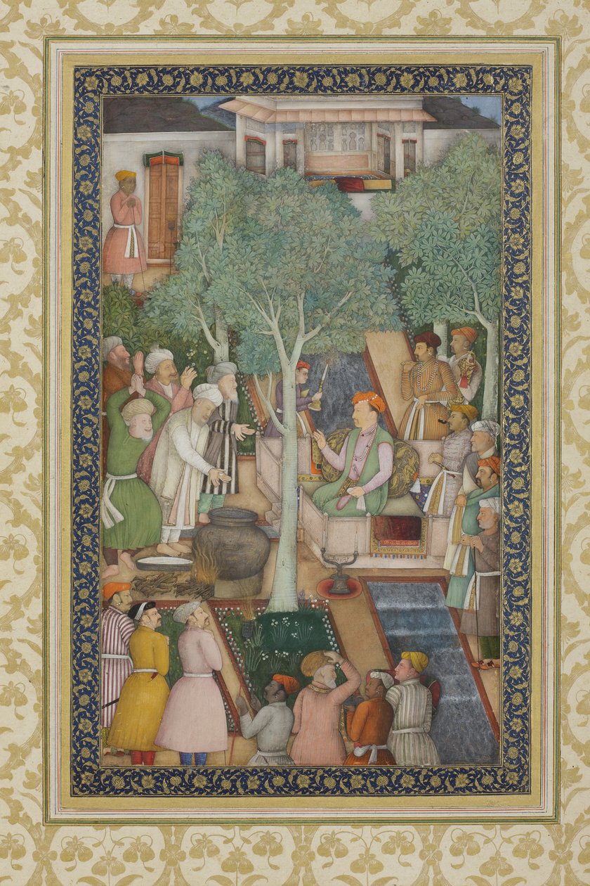 गार्डन में पवित्र पुरुषों के साथ सम्राट जहांगीर, c.1615 (कागज पर अपारदर्शी wc und सोना द्वारा अबुल हसन गफ्फारी