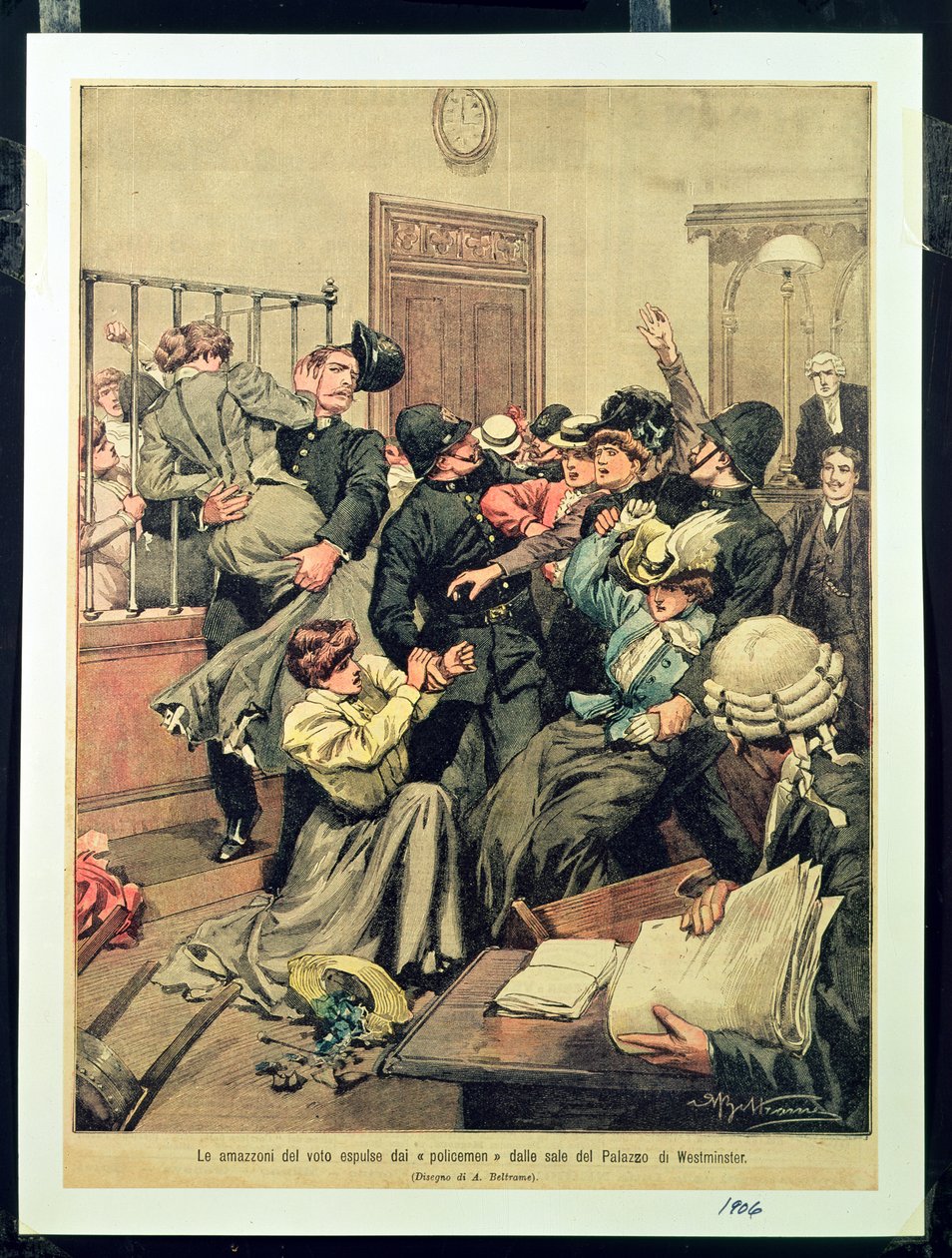 वेस्टमिंस्टर पैलेस में एक कमरे से सफ़्रागेट को निष्कासित करने वाले पुलिसकर्मी (वोट ऑफ़ एमिनिस ऑफ़ द वेस्टमिंस्टर के हॉल से &39;पुलिसकर्मियों&39; को निष्कासित कर दिया गया), 1906 द्वारा अचिल बेल्ट्रैम