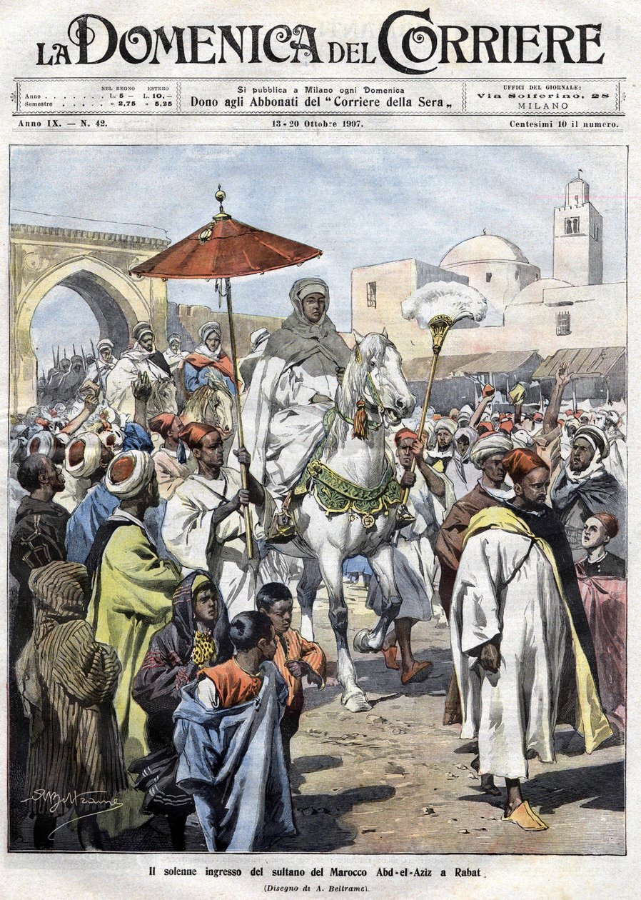 अब्द अल-अज़ीज़ (अल-हसन मोहम्मद अल-हसानी अल-अलौई) ने अक्टूबर 1907 में मोरक्को में रबात में प्रवेश किया (मारकेश) द्वारा अचिल बेल्ट्रैम