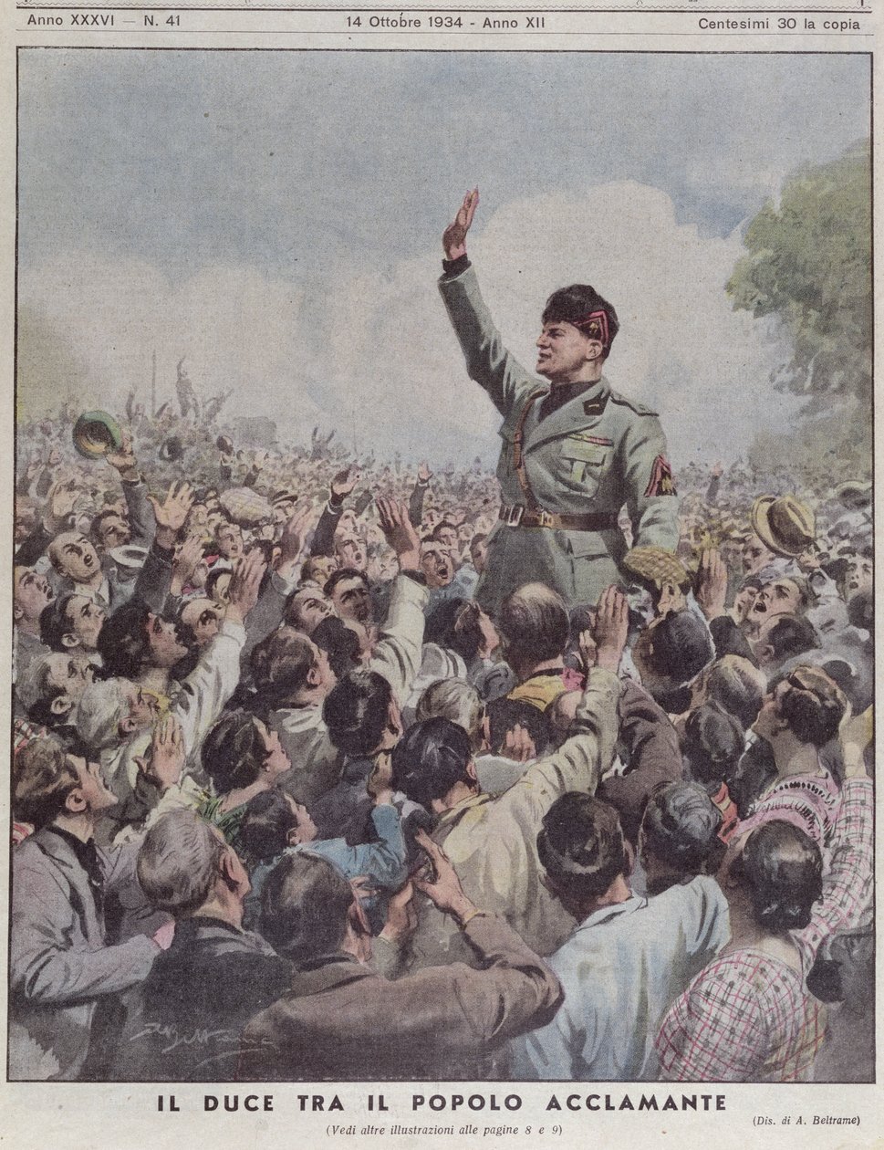 बेनिटो मुसोलिनी (1883-1945) लोगों द्वारा प्रशंसित, &39;ला डोमेनिका डेल कोरिरे&39; से, 14 अक्टूबर 1934 द्वारा अचिल बेल्ट्रैम