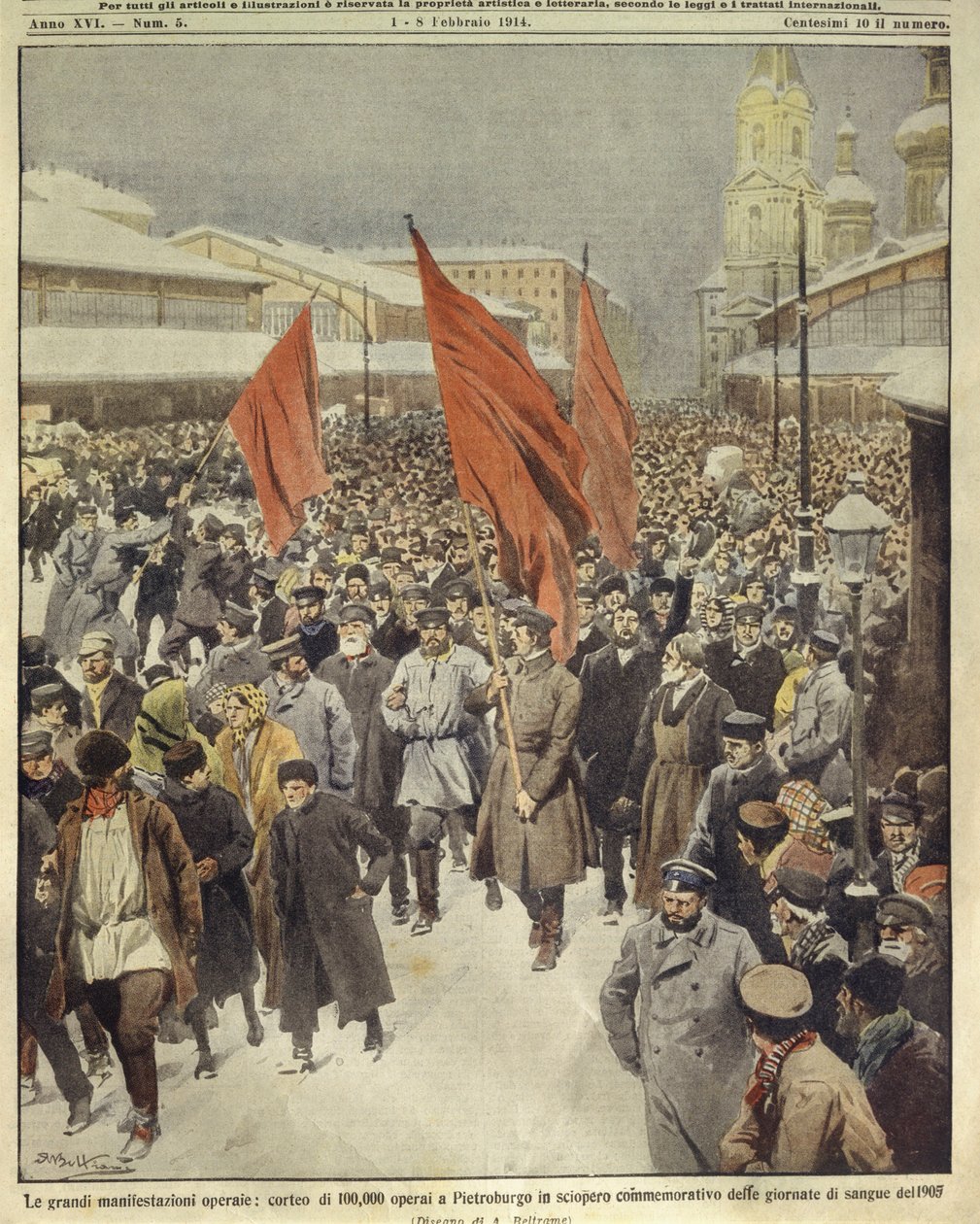 1905 के खूनी रविवार को मनाने के लिए मार्च करते हुए एक लाख श्रमिकों का चित्रण कवर करें; सेंट पीटर्सबर्ग, रूस द्वारा अचिल बेल्ट्रैम